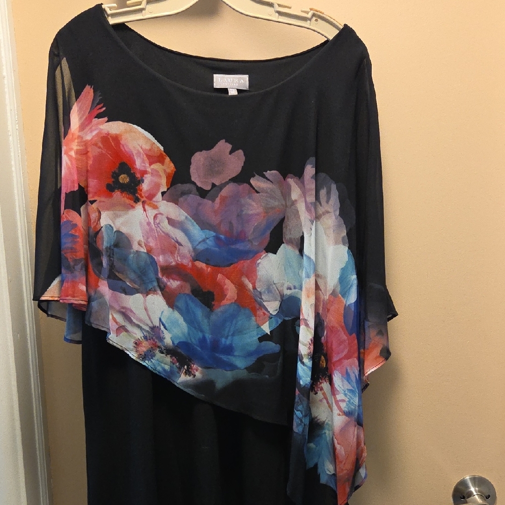 Floral Print Black Dress with Sheer Overlay, Petites, XL, Knee Length
